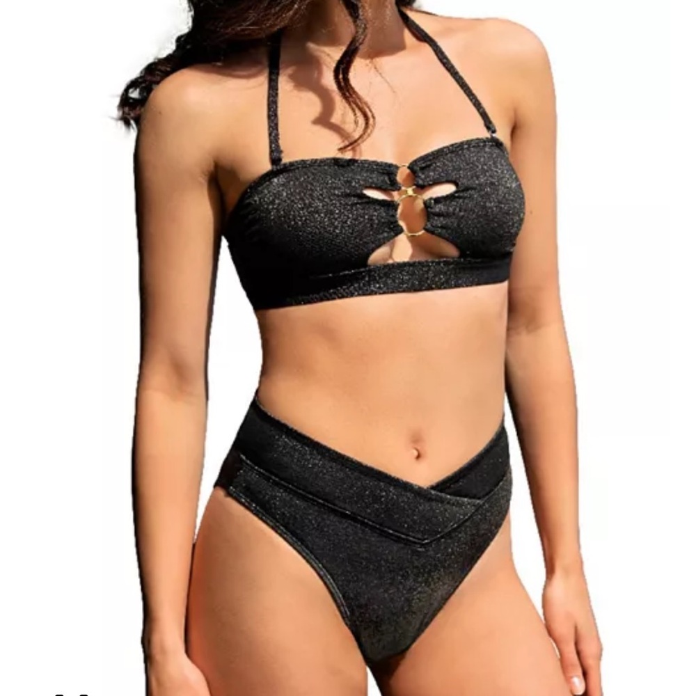 NWT Cupshe X Vanessa Sparking Lurex O-Ring Bandeau & Cheeky Bikini Set